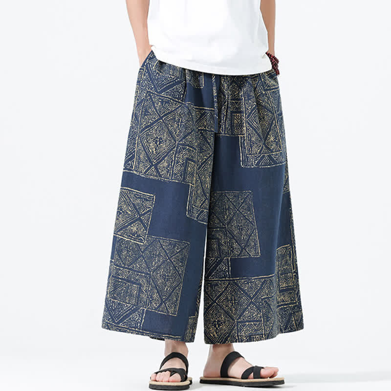 Nimara Ritual Spring Summer Boho Casual Drawstring Floral Patchwork Cropped Pants Men's Wide Leg Pants With Pockets