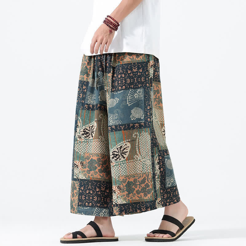 Nimara Ritual Spring Summer Boho Casual Drawstring Floral Patchwork Cropped Pants Men's Wide Leg Pants With Pockets