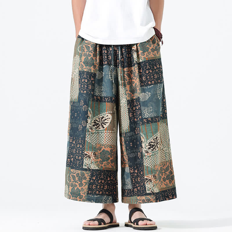 Nimara Ritual Spring Summer Boho Casual Drawstring Floral Patchwork Cropped Pants Men's Wide Leg Pants With Pockets
