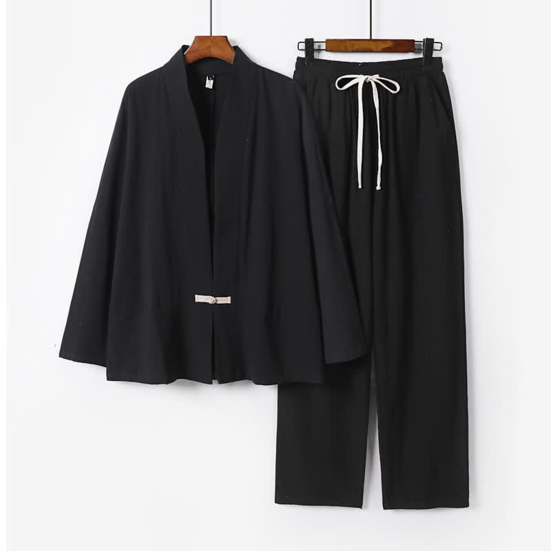 Nimara Ritual 2Pcs Spring Solid Ramie V-Neck Kimono Drawstring Pants Men's Meditation Cloth With Pockets
