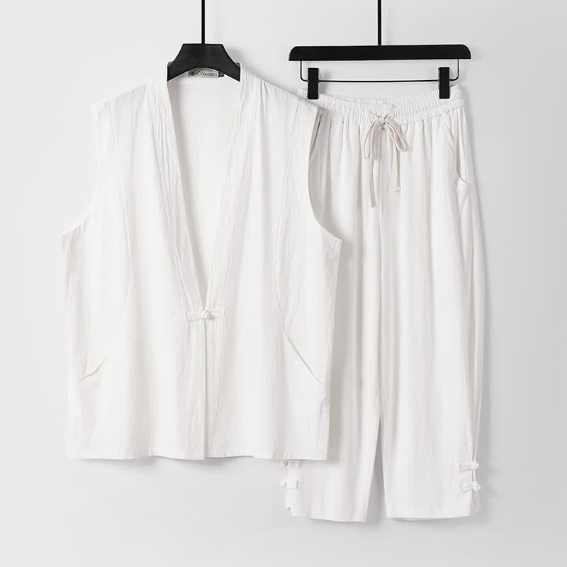 Nimara Ritual 2Pcs Summer Tang Style Meditation Frog Button Solid Linen V-Neck Sleeveless Shirt Pants Men's Meditation Cloth With Pockets