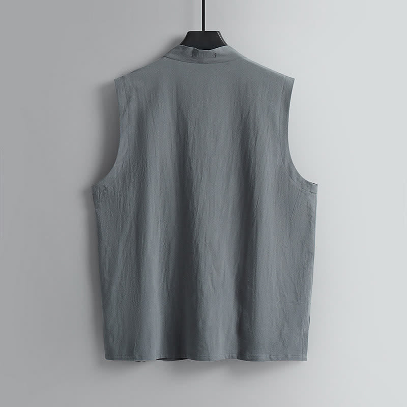 Nimara Ritual 2Pcs Summer Tang Style Meditation Frog Button Solid Linen V-Neck Sleeveless Shirt Pants Men's Meditation Cloth With Pockets