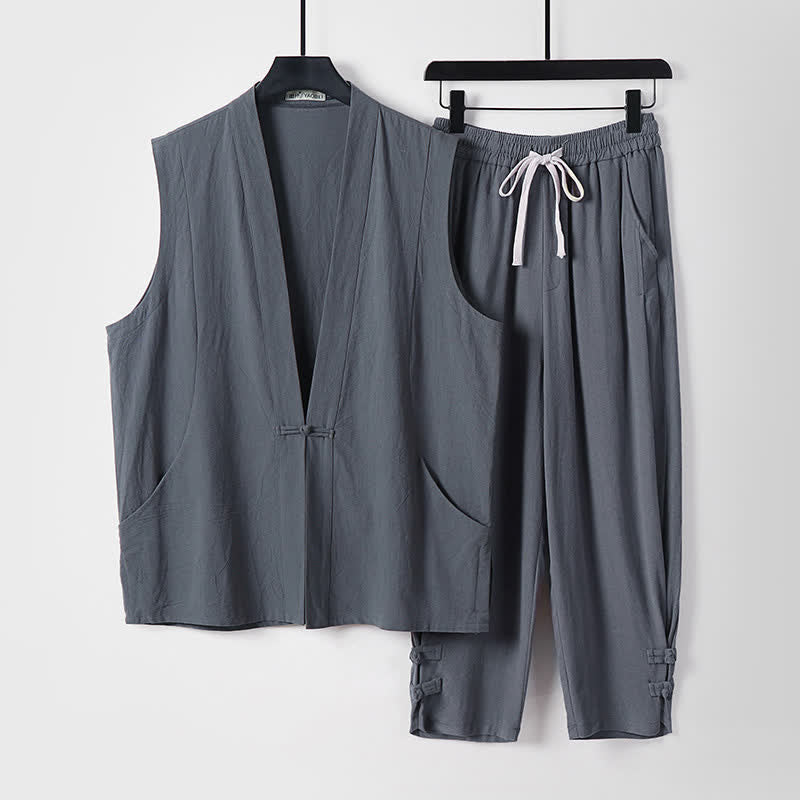 Nimara Ritual 2Pcs Summer Tang Style Meditation Frog Button Solid Linen V-Neck Sleeveless Shirt Pants Men's Meditation Cloth With Pockets