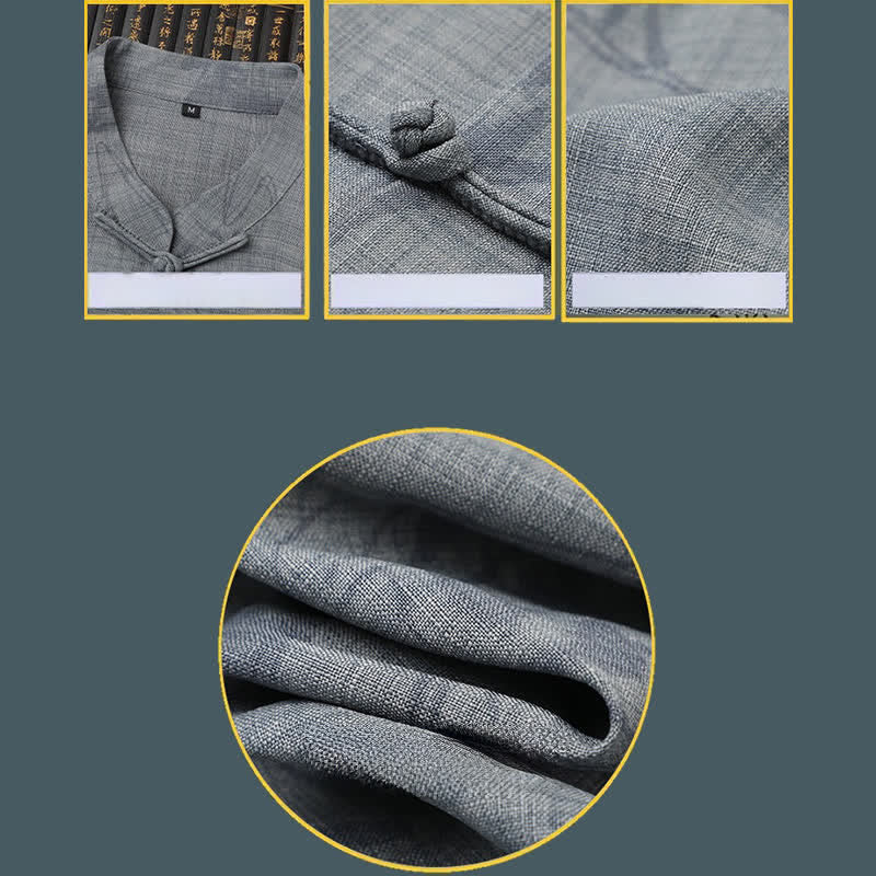 Nimara Ritual 2Pcs Summer Tang Style Casual Frog Button Mandarin Collar Horse Print Short Sleeve Shirt Pants Men's Meditation Cloth With Pockets