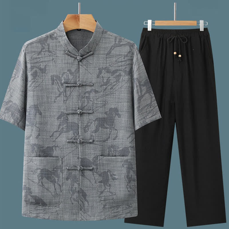 Nimara Ritual 2Pcs Summer Tang Style Casual Frog Button Mandarin Collar Horse Print Short Sleeve Shirt Pants Men's Meditation Cloth With Pockets