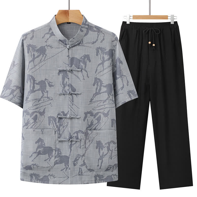 Nimara Ritual 2Pcs Summer Tang Style Casual Frog Button Mandarin Collar Horse Print Short Sleeve Shirt Pants Men's Meditation Cloth With Pockets