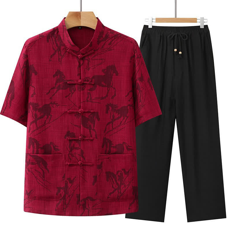 Nimara Ritual 2Pcs Summer Tang Style Casual Frog Button Mandarin Collar Horse Print Short Sleeve Shirt Pants Men's Meditation Cloth With Pockets