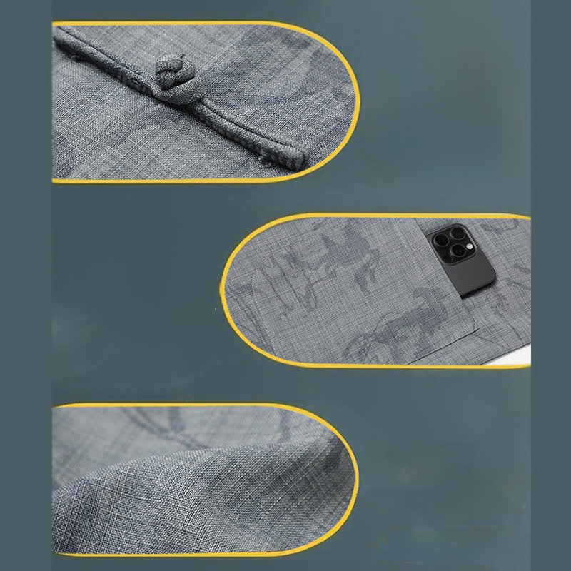Nimara Ritual 2Pcs Summer Tang Style Casual Frog Button Mandarin Collar Horse Print Short Sleeve Shirt Pants Men's Meditation Cloth With Pockets