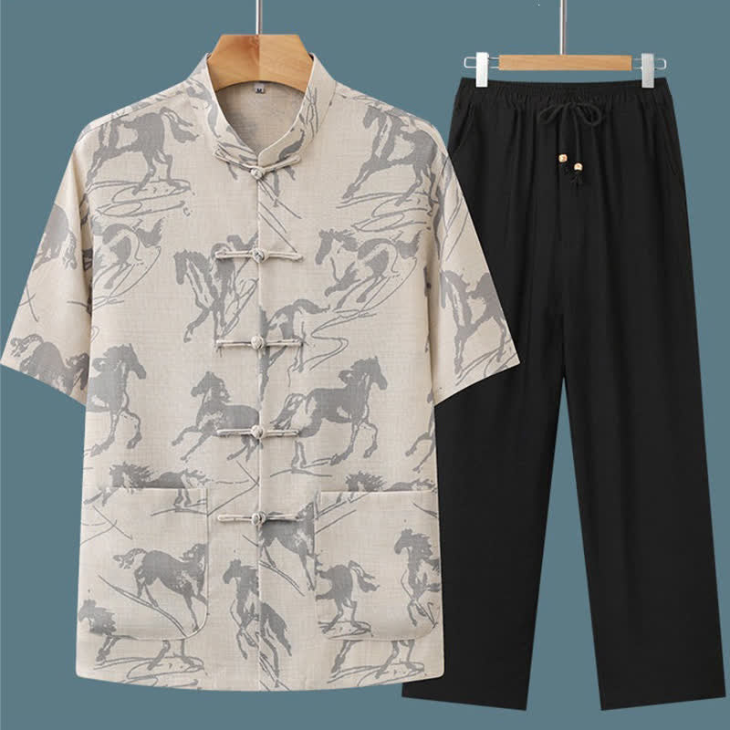 Nimara Ritual 2Pcs Summer Tang Style Casual Frog Button Mandarin Collar Horse Print Short Sleeve Shirt Pants Men's Meditation Cloth With Pockets