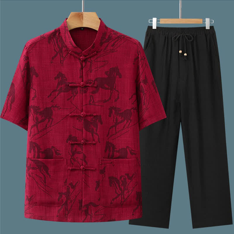 Nimara Ritual 2Pcs Summer Tang Style Casual Frog Button Mandarin Collar Horse Print Short Sleeve Shirt Pants Men's Meditation Cloth With Pockets