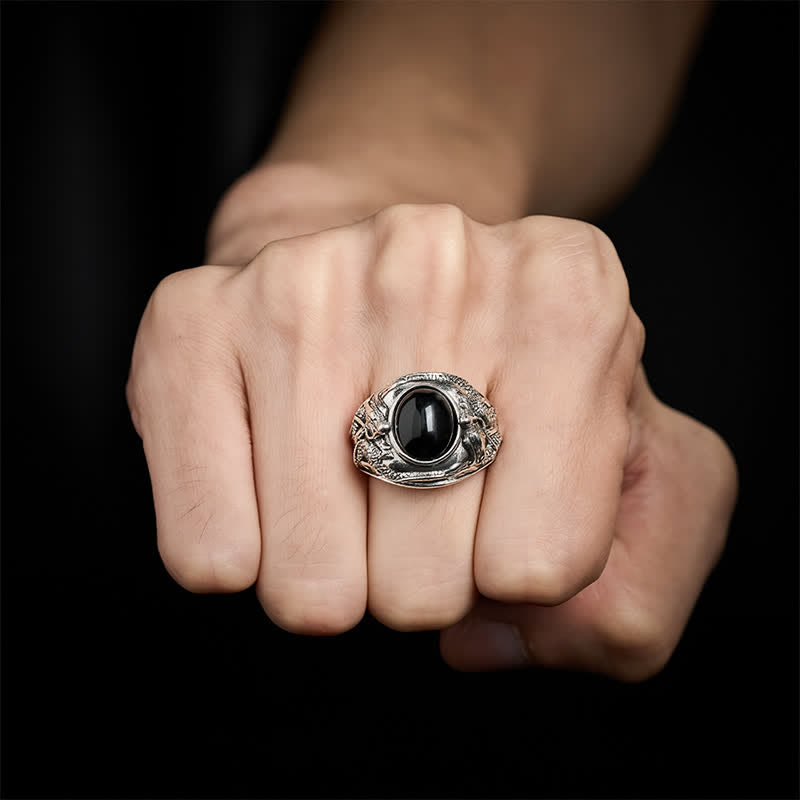 Purification and Fulfillment Black Obsidian Dragon Open Ring