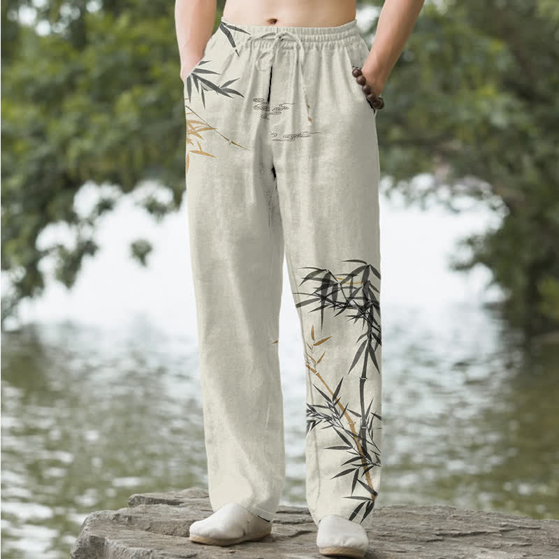 Nimara Ritual Cotton Ink Bamboo Pattern Men's Tapered Pants With Pockets