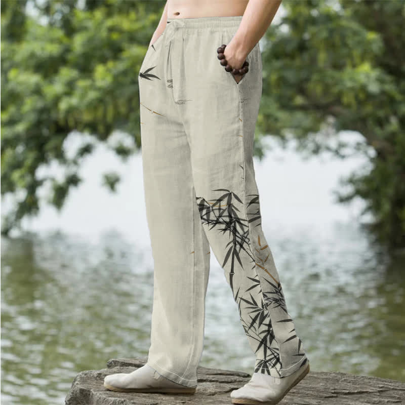 Nimara Ritual Cotton Ink Bamboo Pattern Men's Tapered Pants With Pockets