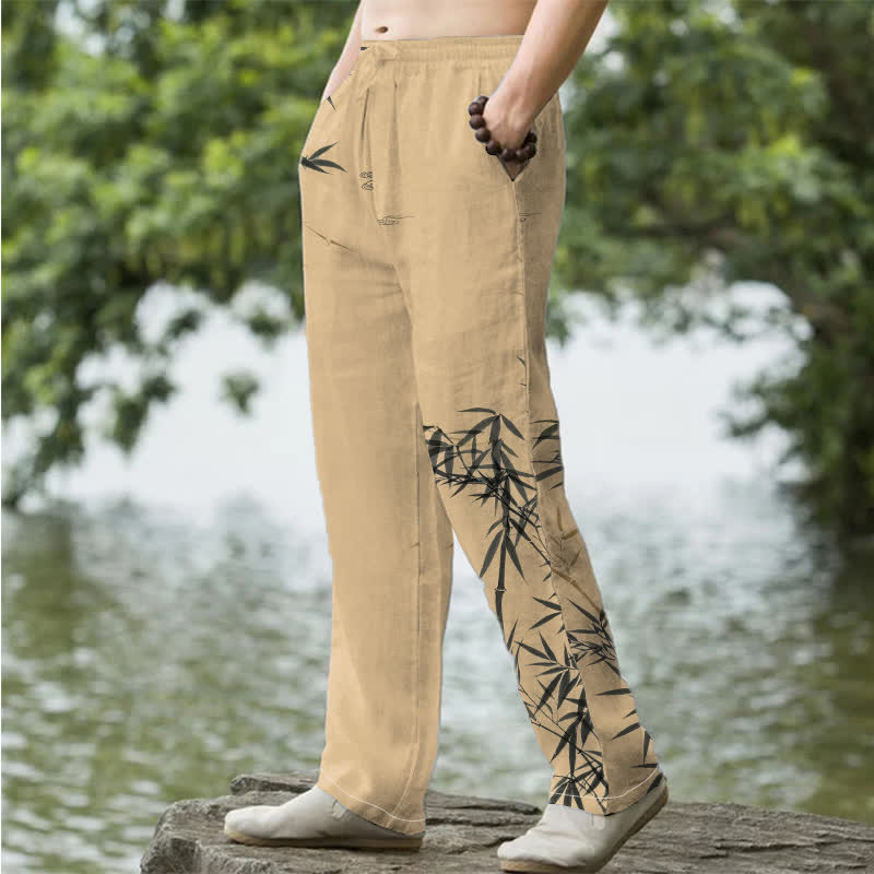 Nimara Ritual Cotton Ink Bamboo Pattern Men's Tapered Pants With Pockets