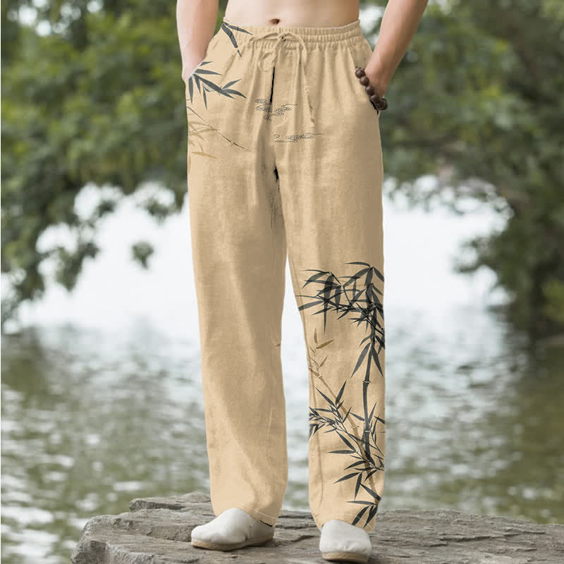 Nimara Ritual Cotton Ink Bamboo Pattern Men's Tapered Pants With Pockets