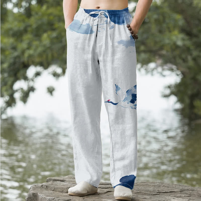 Nimara Ritual Cotton Red-crowned Crane Pattern Men's Tapered Pants With Pockets