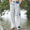 Nimara Ritual Cotton Red-crowned Crane Pattern Men's Tapered Pants With Pockets