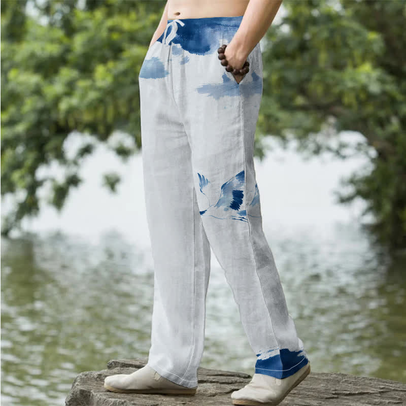 Nimara Ritual Cotton Red-crowned Crane Pattern Men's Tapered Pants With Pockets