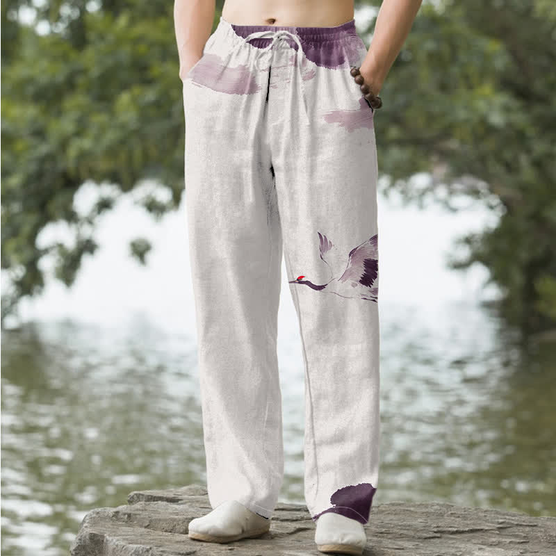 Nimara Ritual Cotton Red-crowned Crane Pattern Men's Tapered Pants With Pockets