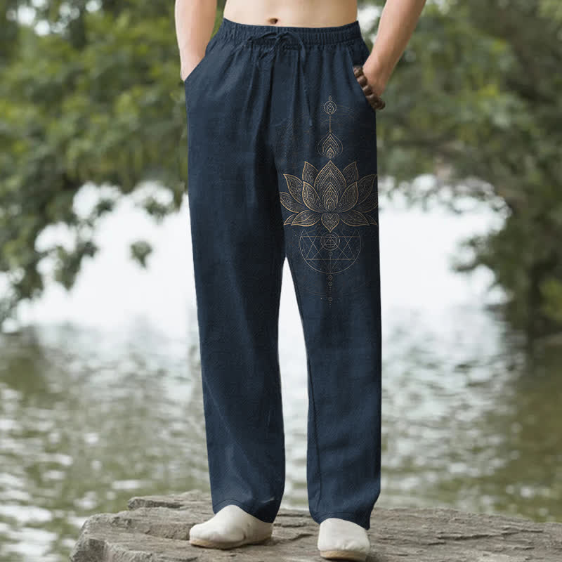 Nimara Ritual Cotton Lotus Mandala Pattern Men's Tapered Pants With Pockets