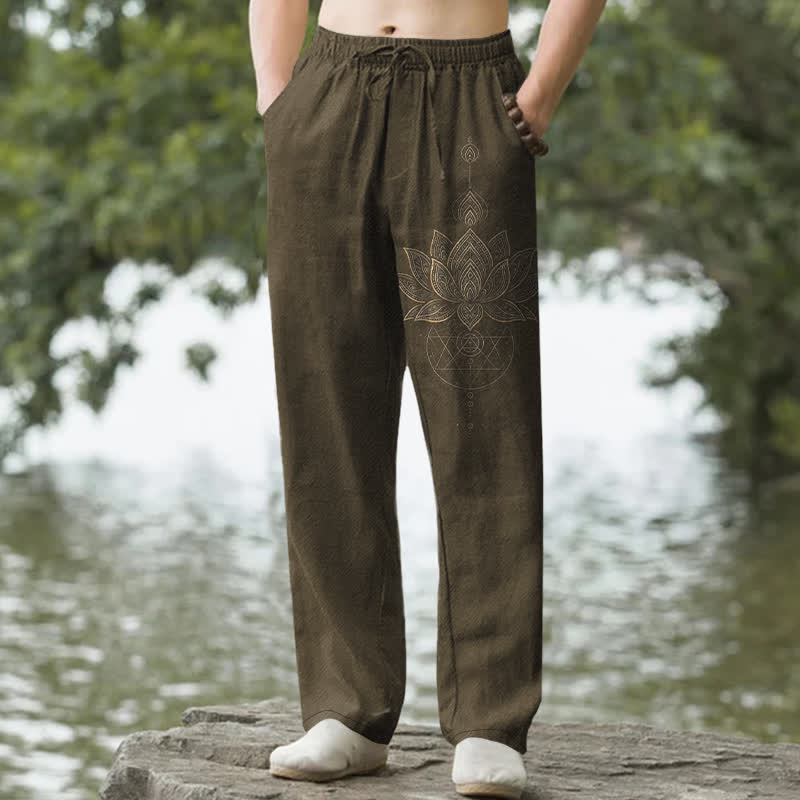 Nimara Ritual Cotton Lotus Mandala Pattern Men's Tapered Pants With Pockets