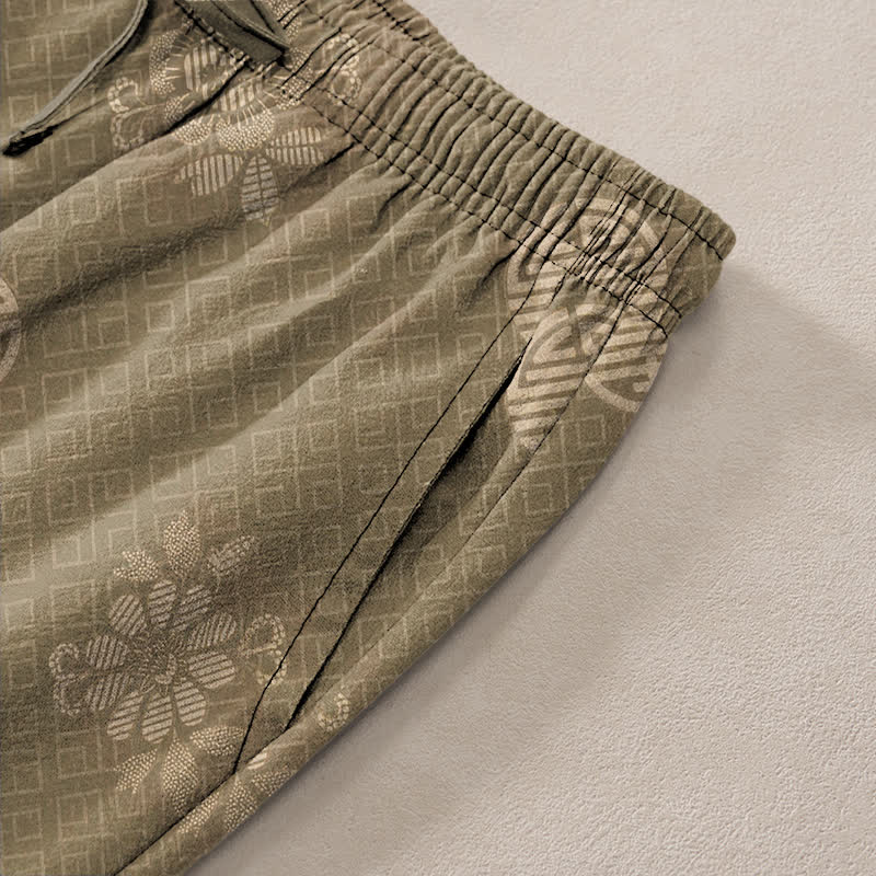 Nimara Ritual Cotton Geometric Tribal Pattern Men's Tapered Pants With Pockets