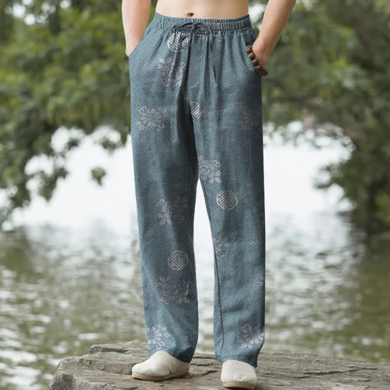 Nimara Ritual Cotton Geometric Tribal Pattern Men's Tapered Pants With Pockets