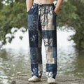 Nimara Ritual Cotton Patchwork Wave Floral Pattern Men's Tapered Pants With Pockets