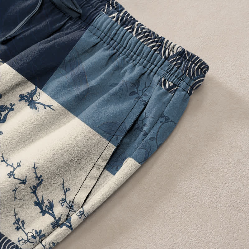 Nimara Ritual Cotton Patchwork Wave Floral Pattern Men's Tapered Pants With Pockets
