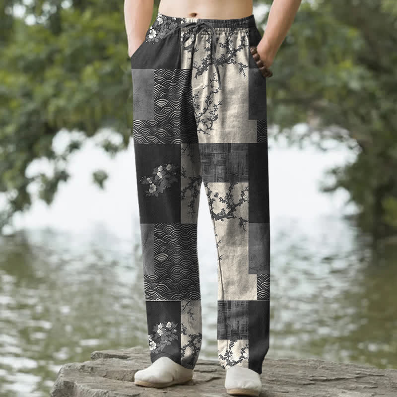 Nimara Ritual Cotton Patchwork Wave Floral Pattern Men's Tapered Pants With Pockets