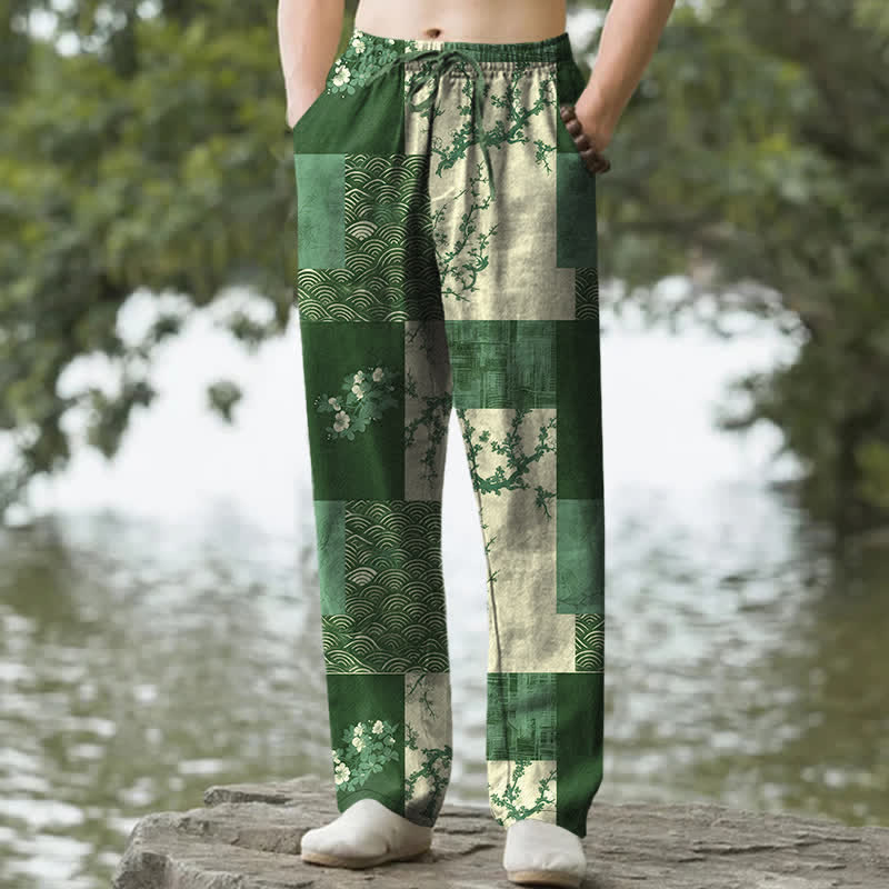 Nimara Ritual Cotton Patchwork Wave Floral Pattern Men's Tapered Pants With Pockets