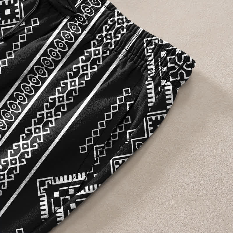 Nimara Ritual Cotton Tribal Geometric Stripe Pattern Men's Tapered Pants With Pockets