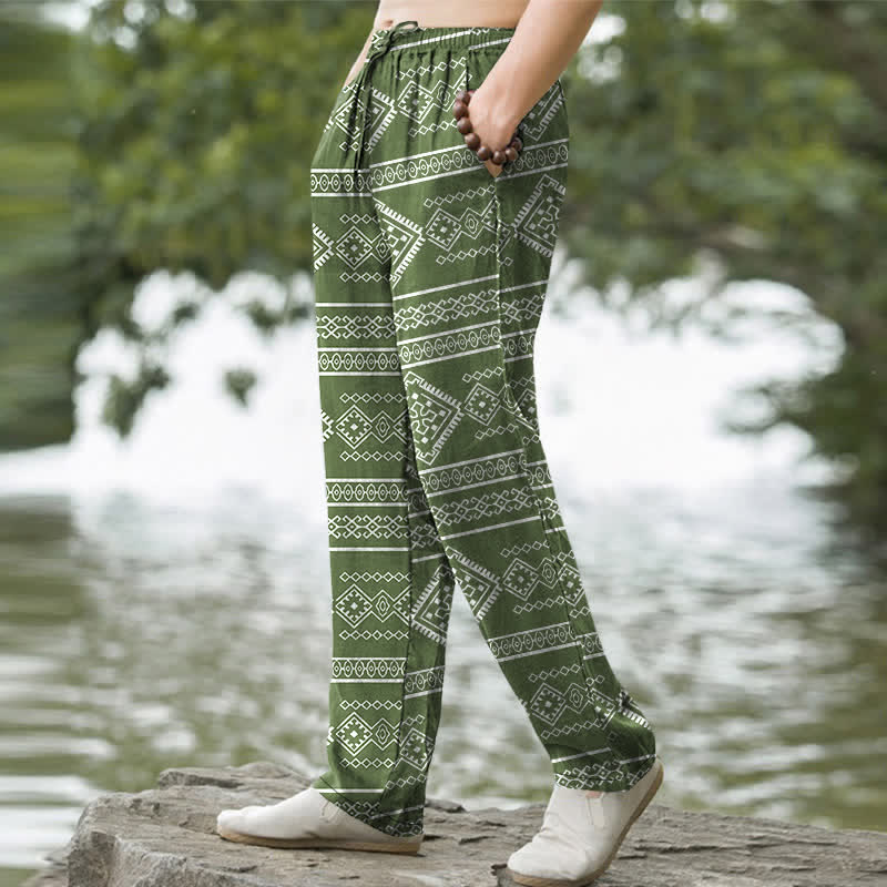 Nimara Ritual Cotton Tribal Geometric Stripe Pattern Men's Tapered Pants With Pockets