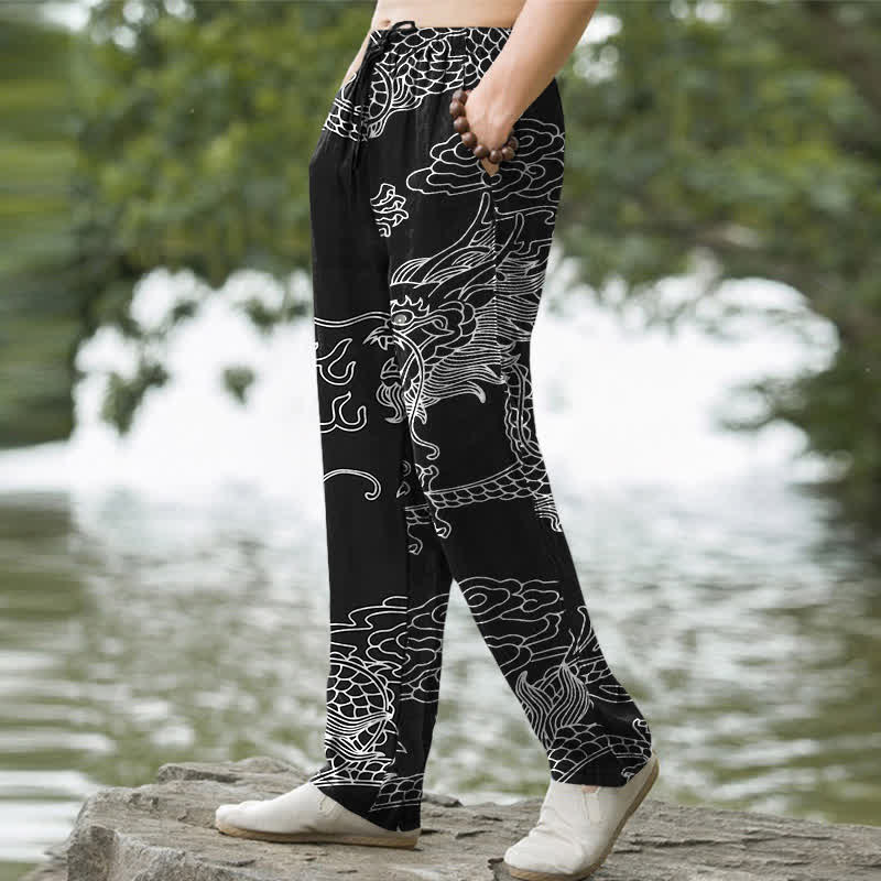 Nimara Ritual Cotton Oriental Dragon Cloud Pattern Men's Tapered Pants With Pockets