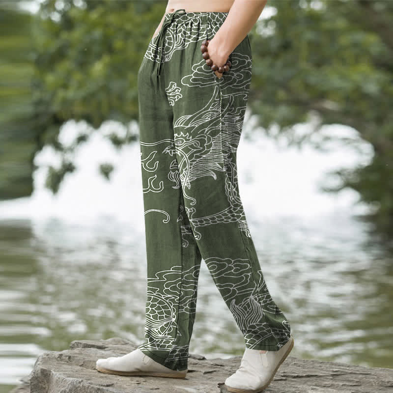 Nimara Ritual Cotton Oriental Dragon Cloud Pattern Men's Tapered Pants With Pockets