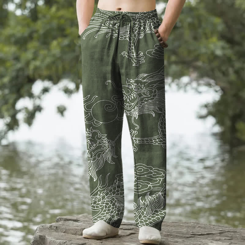 Nimara Ritual Cotton Oriental Dragon Cloud Pattern Men's Tapered Pants With Pockets