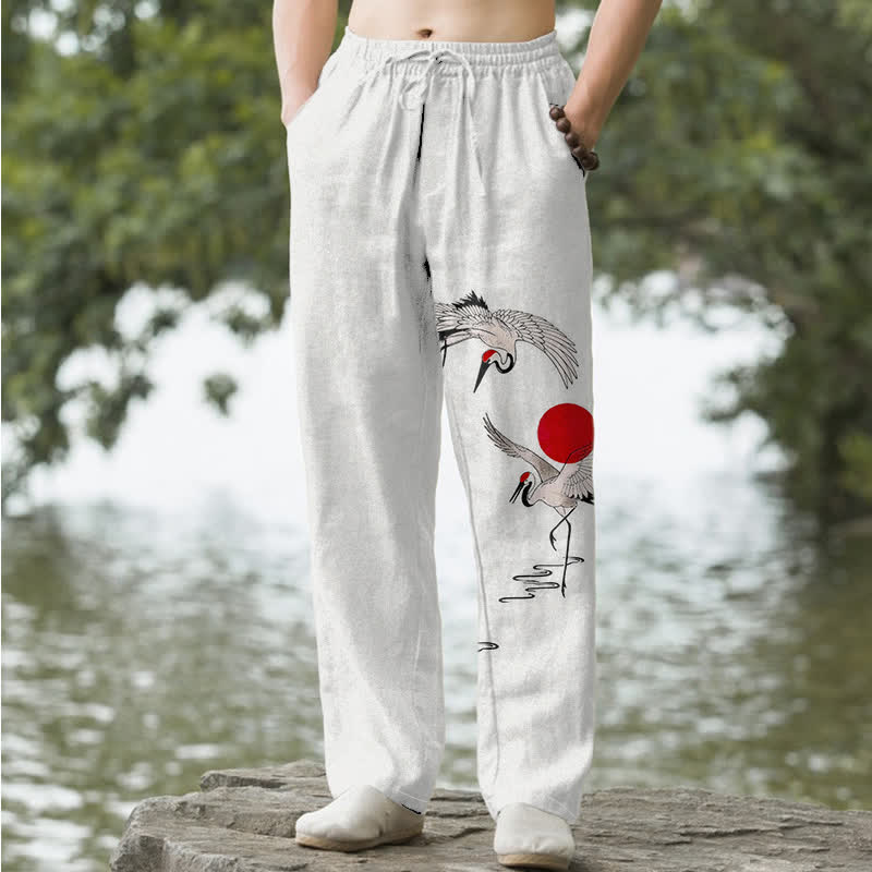 Nimara Ritual Cotton Red Sun Crane Pattern Men's Tapered Pants With Pockets