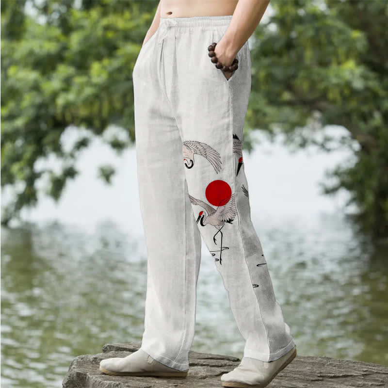 Nimara Ritual Cotton Red Sun Crane Pattern Men's Tapered Pants With Pockets