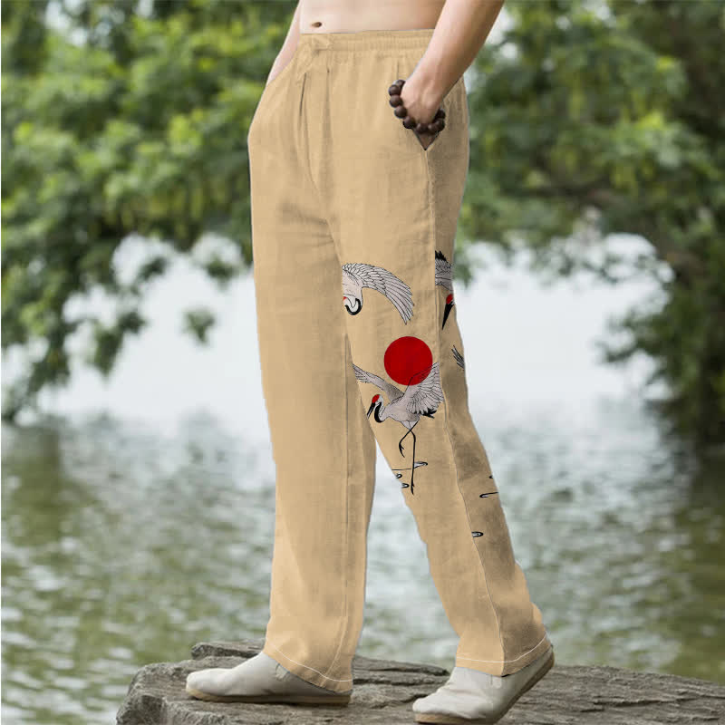 Nimara Ritual Cotton Red Sun Crane Pattern Men's Tapered Pants With Pockets