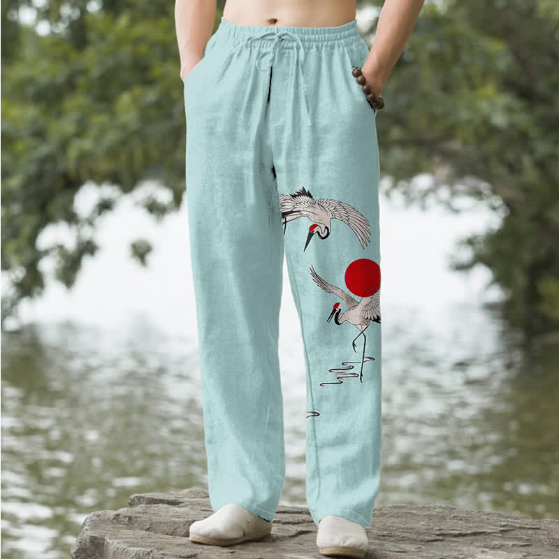 Nimara Ritual Cotton Red Sun Crane Pattern Men's Tapered Pants With Pockets