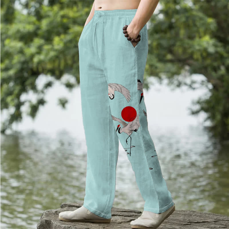 Nimara Ritual Cotton Red Sun Crane Pattern Men's Tapered Pants With Pockets