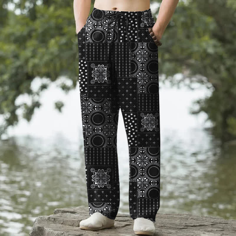 Nimara Ritual Cotton Bohemian Bandana Pattern Men's Tapered Pants With Pockets
