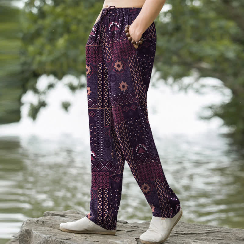Nimara Ritual Cotton Bohemian Floral Geometric Pattern Men's Tapered Pants With Pockets