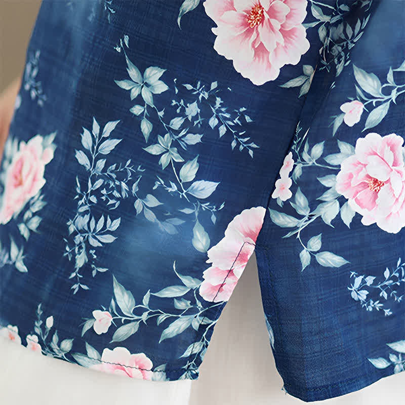 Nimara Ritual Summer Casual Tang Style Frog Button Pink Peony Floral Women's Elbow-Length Sleeve Shirts