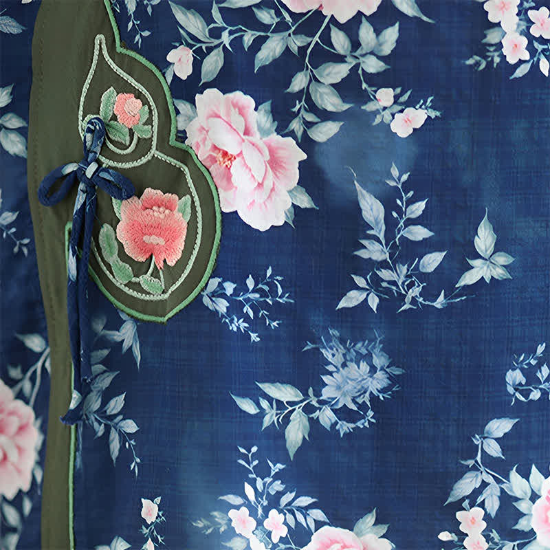 Nimara Ritual Summer Casual Tang Style Frog Button Pink Peony Floral Women's Elbow-Length Sleeve Shirts