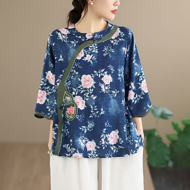 Nimara Ritual Summer Casual Tang Style Frog Button Pink Peony Floral Women's Elbow-Length Sleeve Shirts