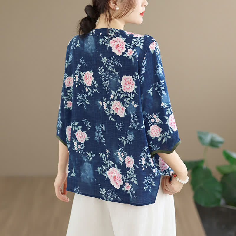 Nimara Ritual Summer Casual Tang Style Frog Button Pink Peony Floral Women's Elbow-Length Sleeve Shirts