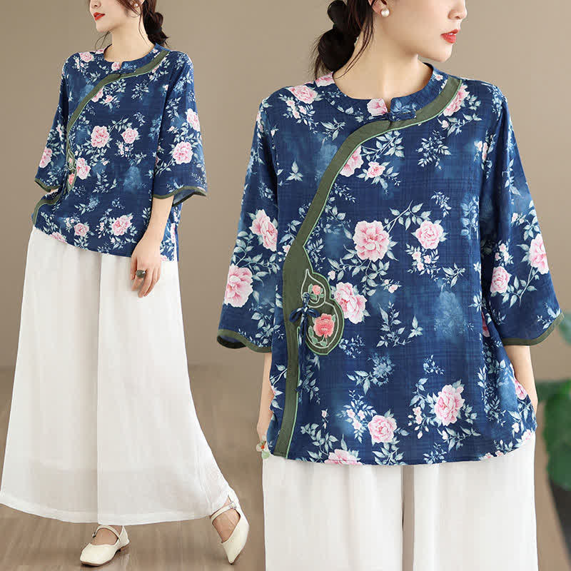 Nimara Ritual Summer Casual Tang Style Frog Button Pink Peony Floral Women's Elbow-Length Sleeve Shirts