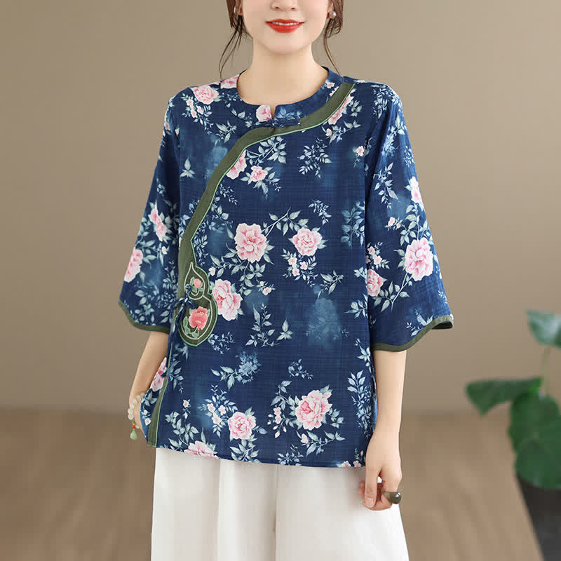 Nimara Ritual Summer Casual Tang Style Frog Button Pink Peony Floral Women's Elbow-Length Sleeve Shirts
