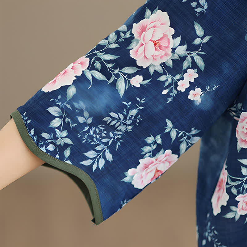 Nimara Ritual Summer Casual Tang Style Frog Button Pink Peony Floral Women's Elbow-Length Sleeve Shirts